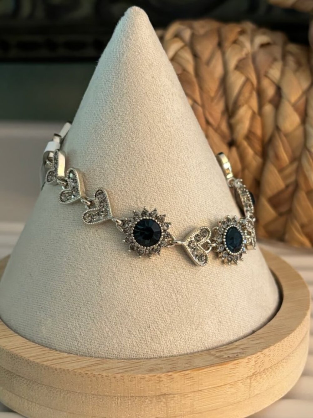 Sapphire flowers and CZ hearts on chocolate gold bracelet